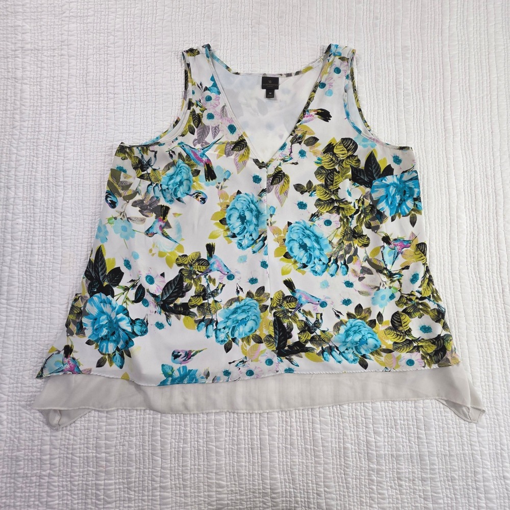 Worthington Woman Floral Hummingbird V-Neck Sharkbite Hem Sleeveless Blouse 1X